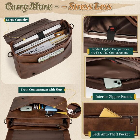 Men's Brown Pu Vintage Laptop Bag 15.6 Inch Waterproof Retro Satchel Briefcase - Picture 3 of 7
